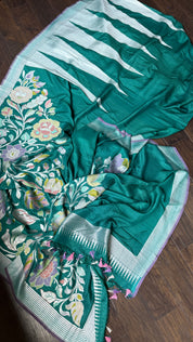 Khaddi Tussar Banarasi - Teal Blue Meenakari