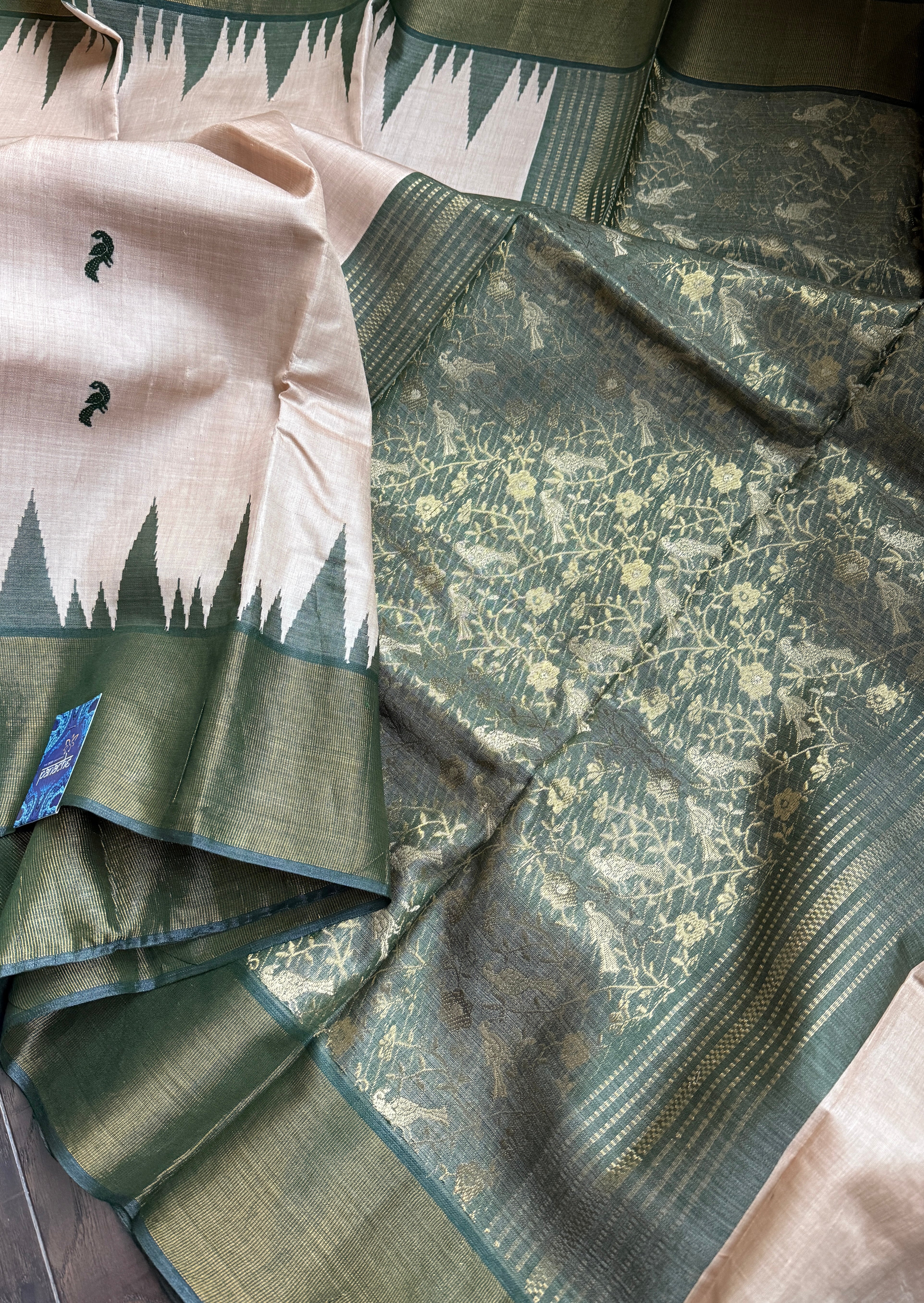 Pure Tussar Silk - Beige Dark Moss Green