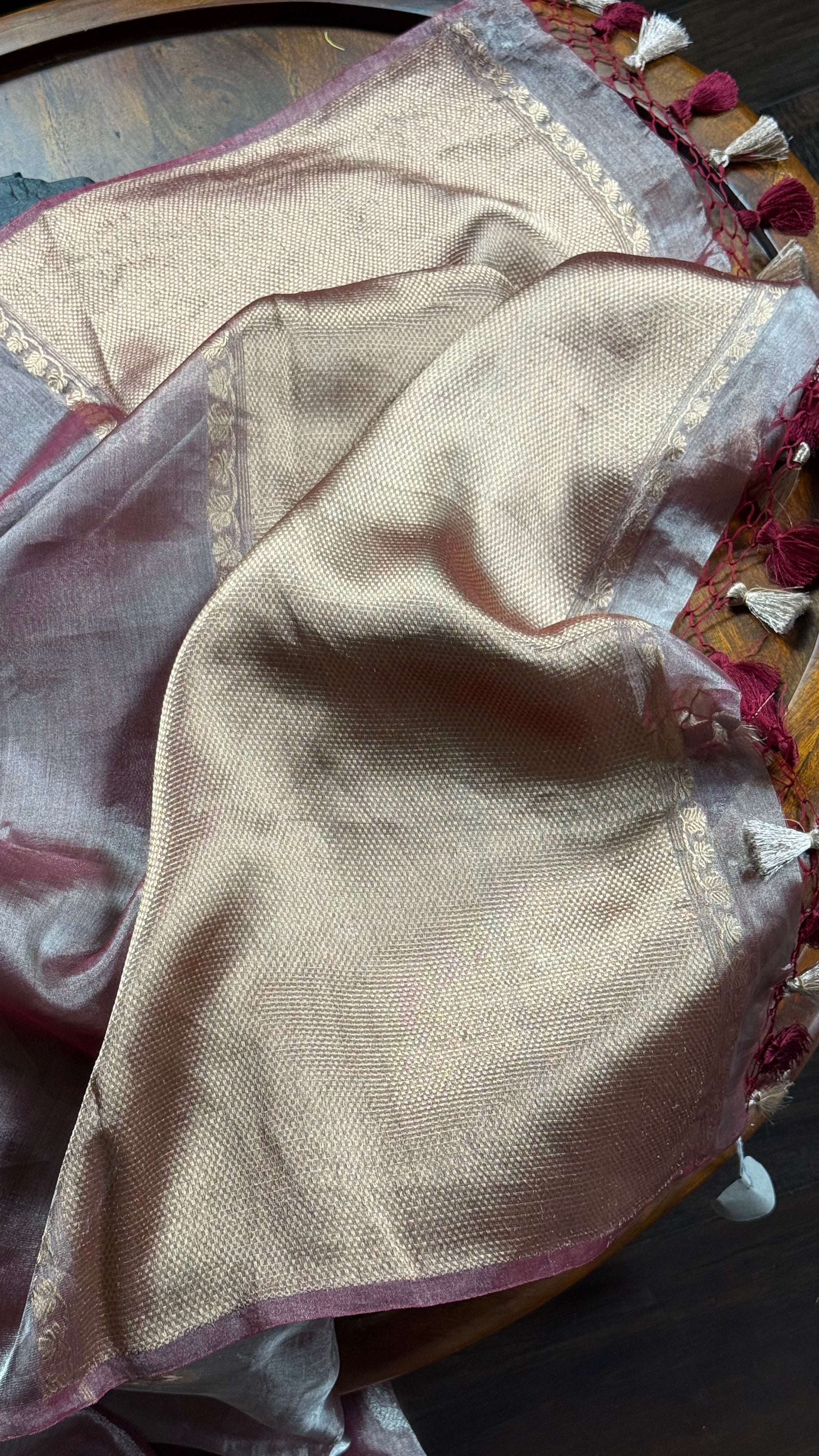 Tissue Organza Silk Banarasi - Light Wine Maroon Golden