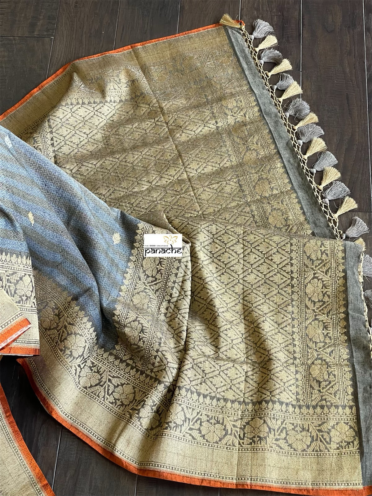 Pure Malmal Cotton Banarasi - Grey Orange Kadwa Woven