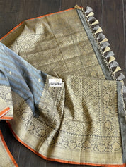 Pure Malmal Cotton Banarasi - Grey Orange Kadwa Woven