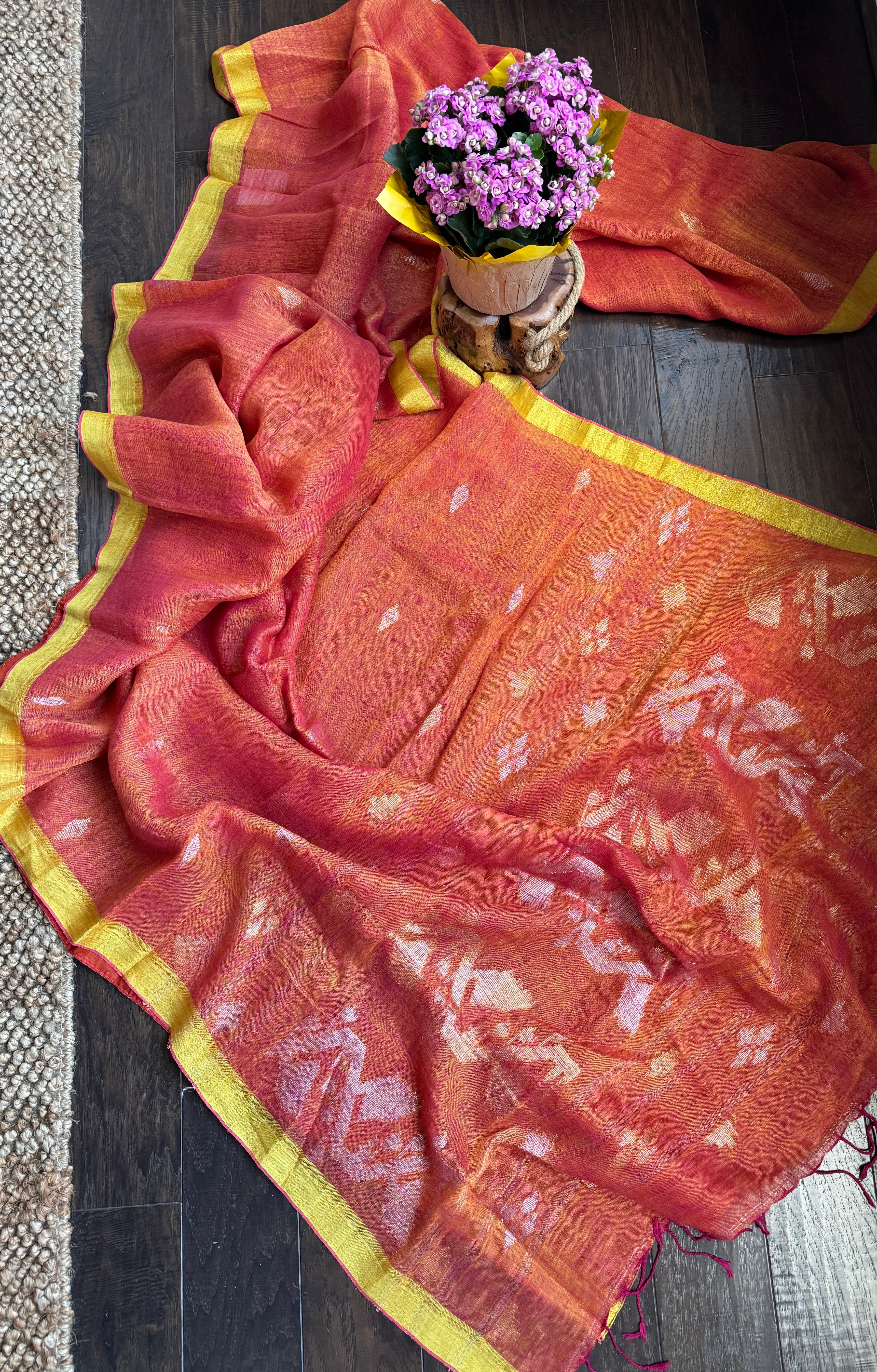 Linen Jamdaani - Orange Pink Dual Tone