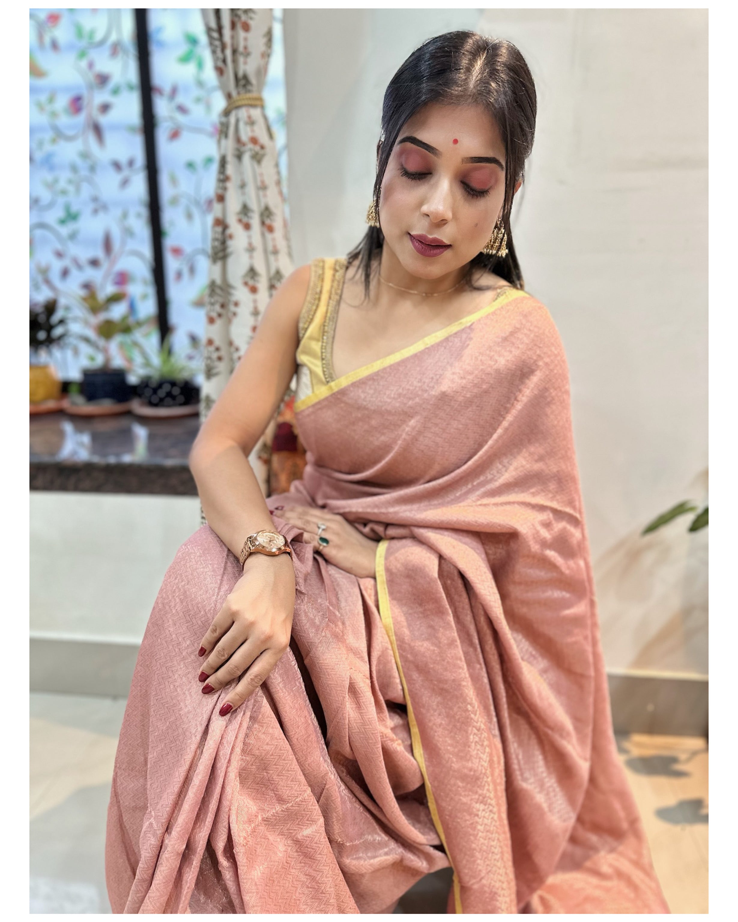 Pure Khadi Matka Cotton Brocade - Dusty Pink Color Handwoven