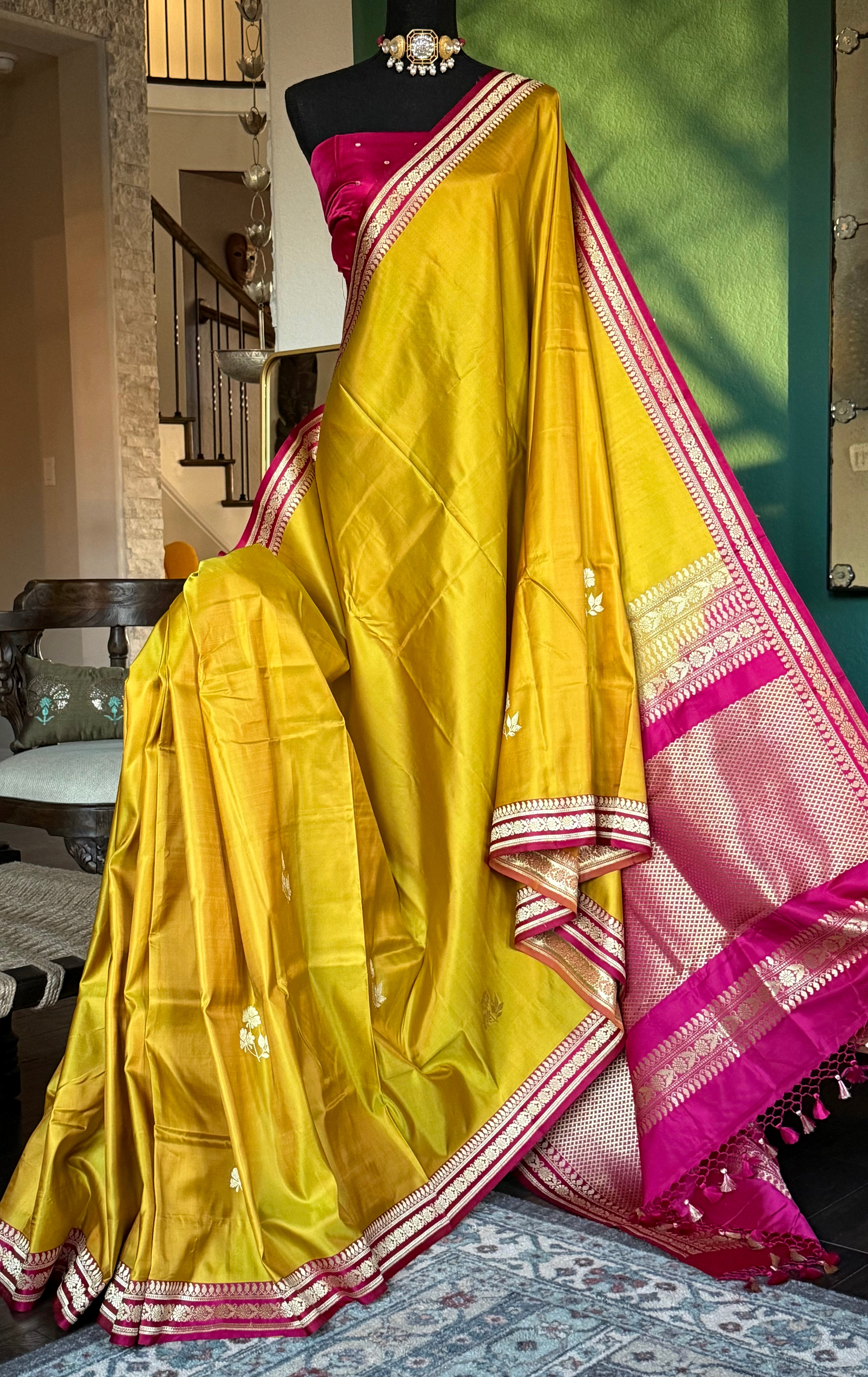 Pure Silk Mashru Banarasi- Yellow Magenta Pink Red