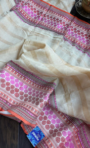 Pure Tussar Silk - Beige Striped Multi color