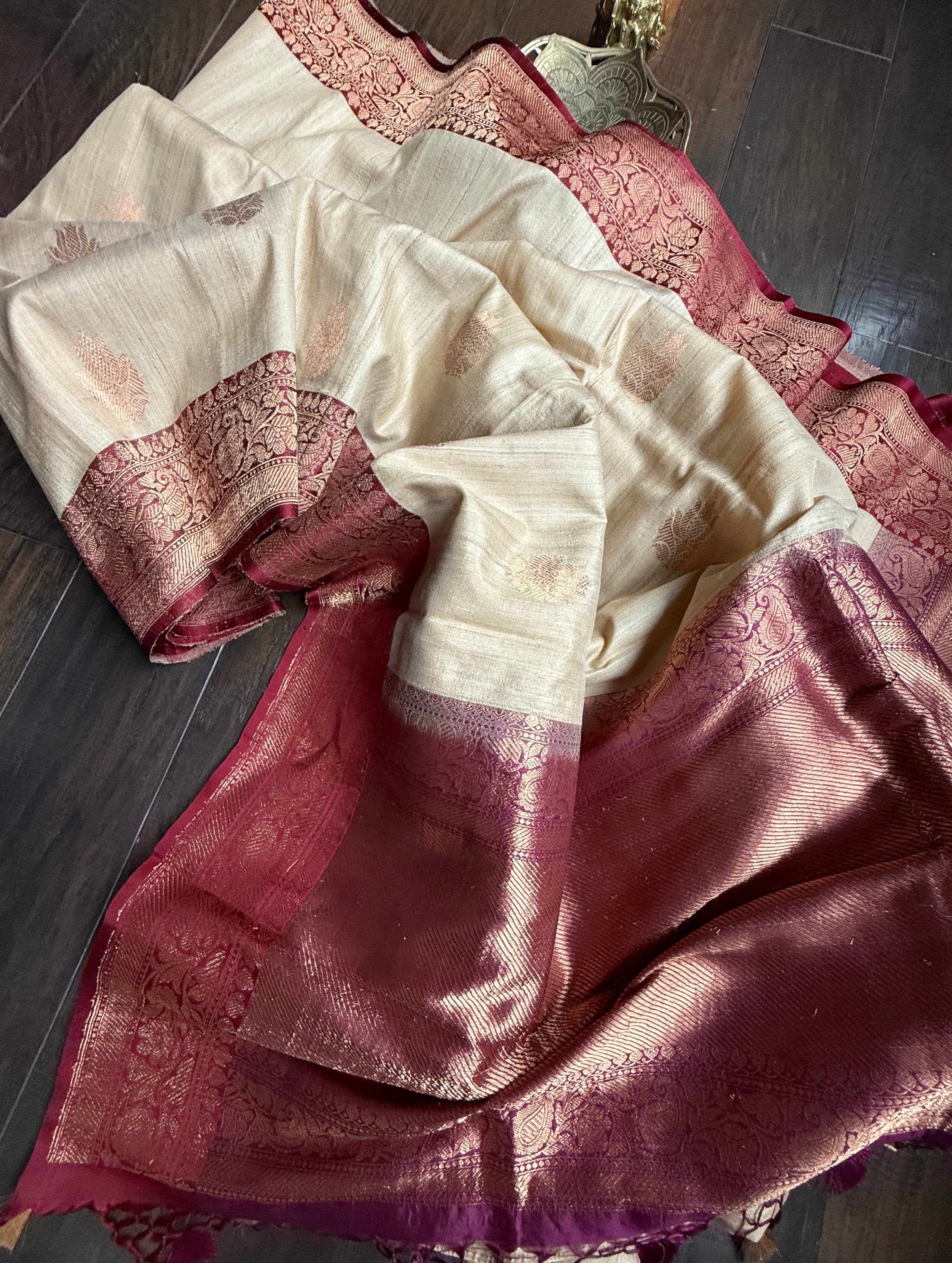 Pure Tussar Silk Banarasi - Beige Maroon