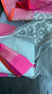 Kora Silk Banaras Chanderi - Grey Pink