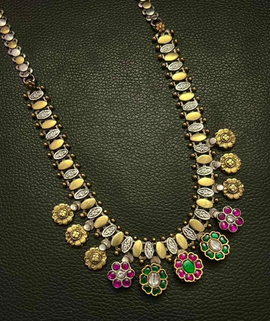 Silver 925 Necklace- Dual Tone Multi Color Stone