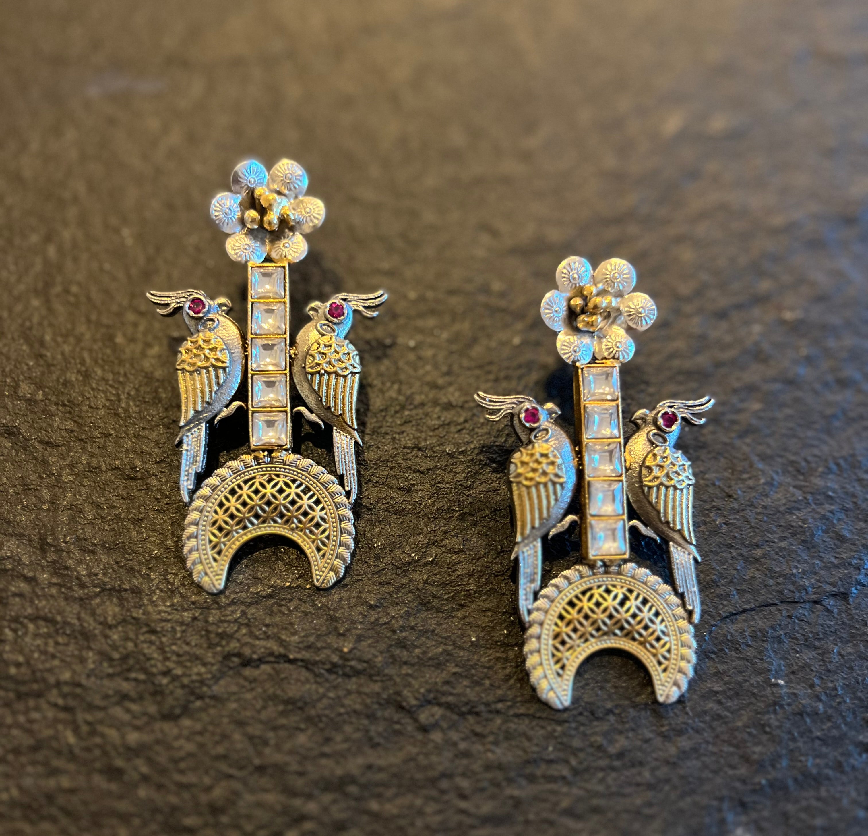 Artisan Earring 925 Silver- Long Kundan bird
