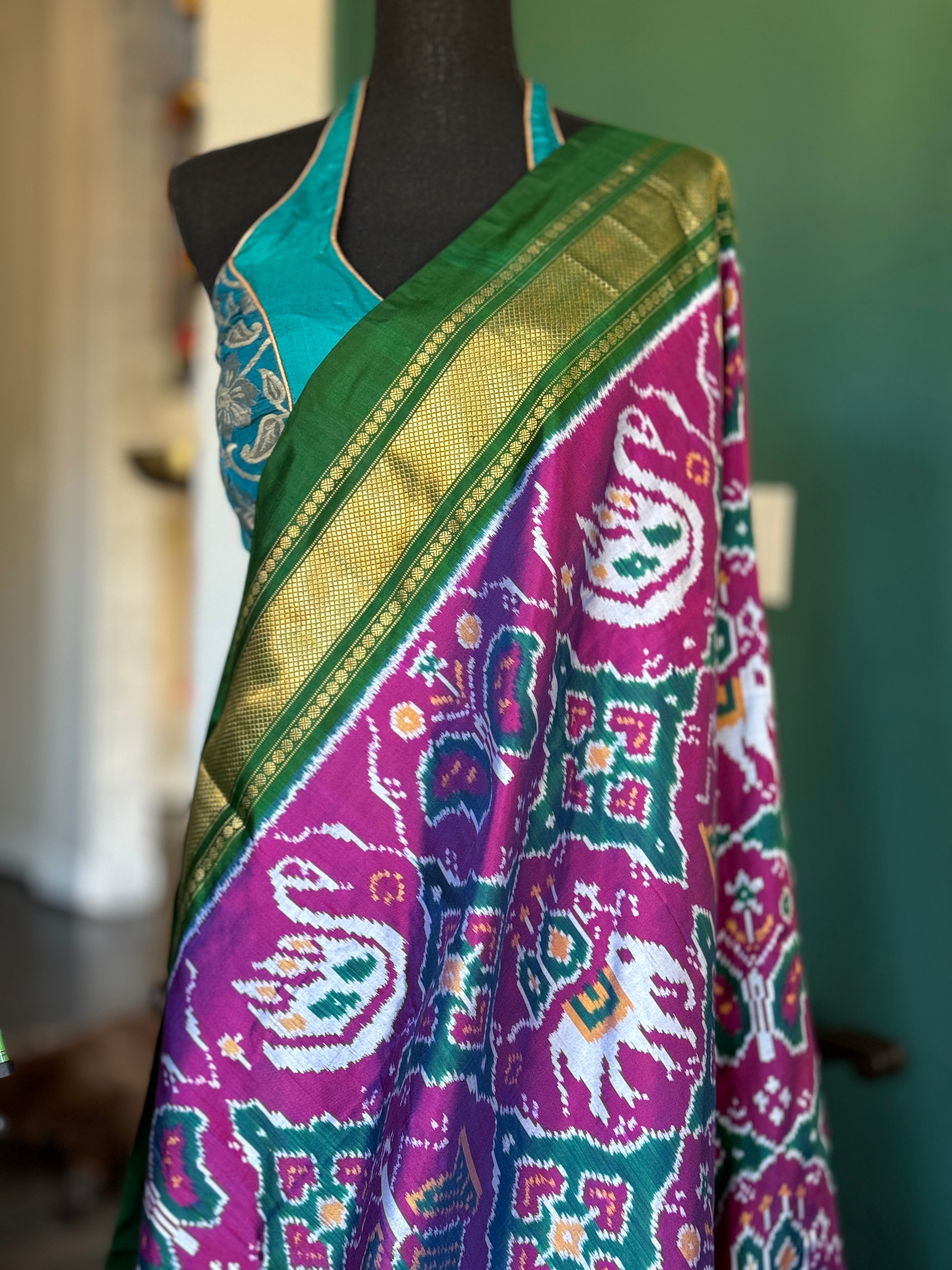 Pure Silk Ikat -  Green Magenta Pochampally