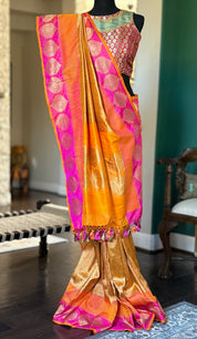 Pure Silk Brocade Banarasi - Mustard Yellow Orange Khadhua Woven