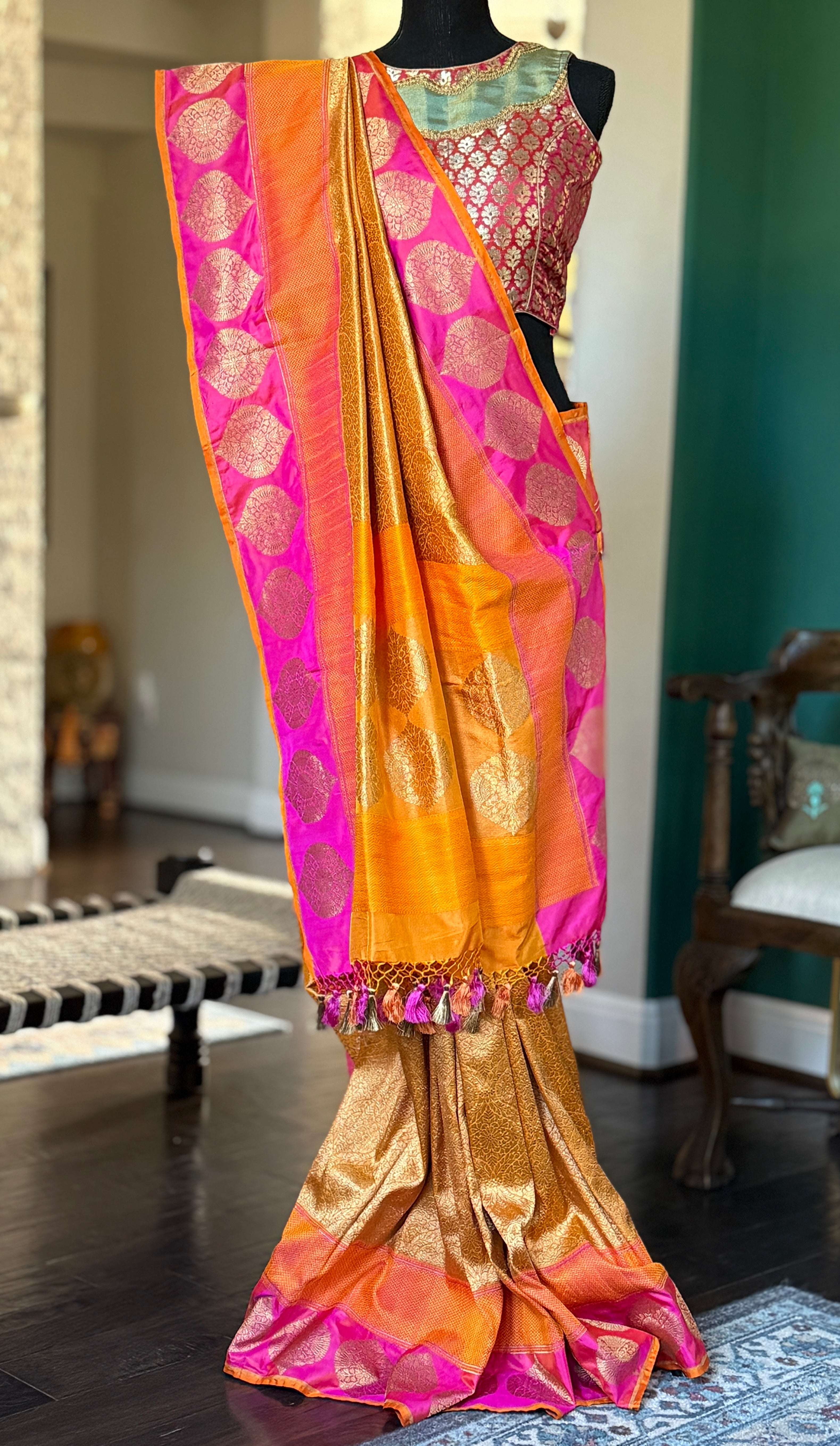 Pure Silk Brocade Banarasi - Mustard Yellow Orange Khadhua Woven