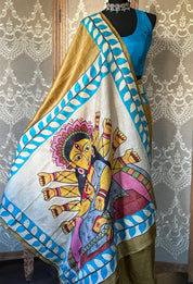 Pure Tussar Silk Sujni Kantha Stitch -  Moss Brown Ma Durga