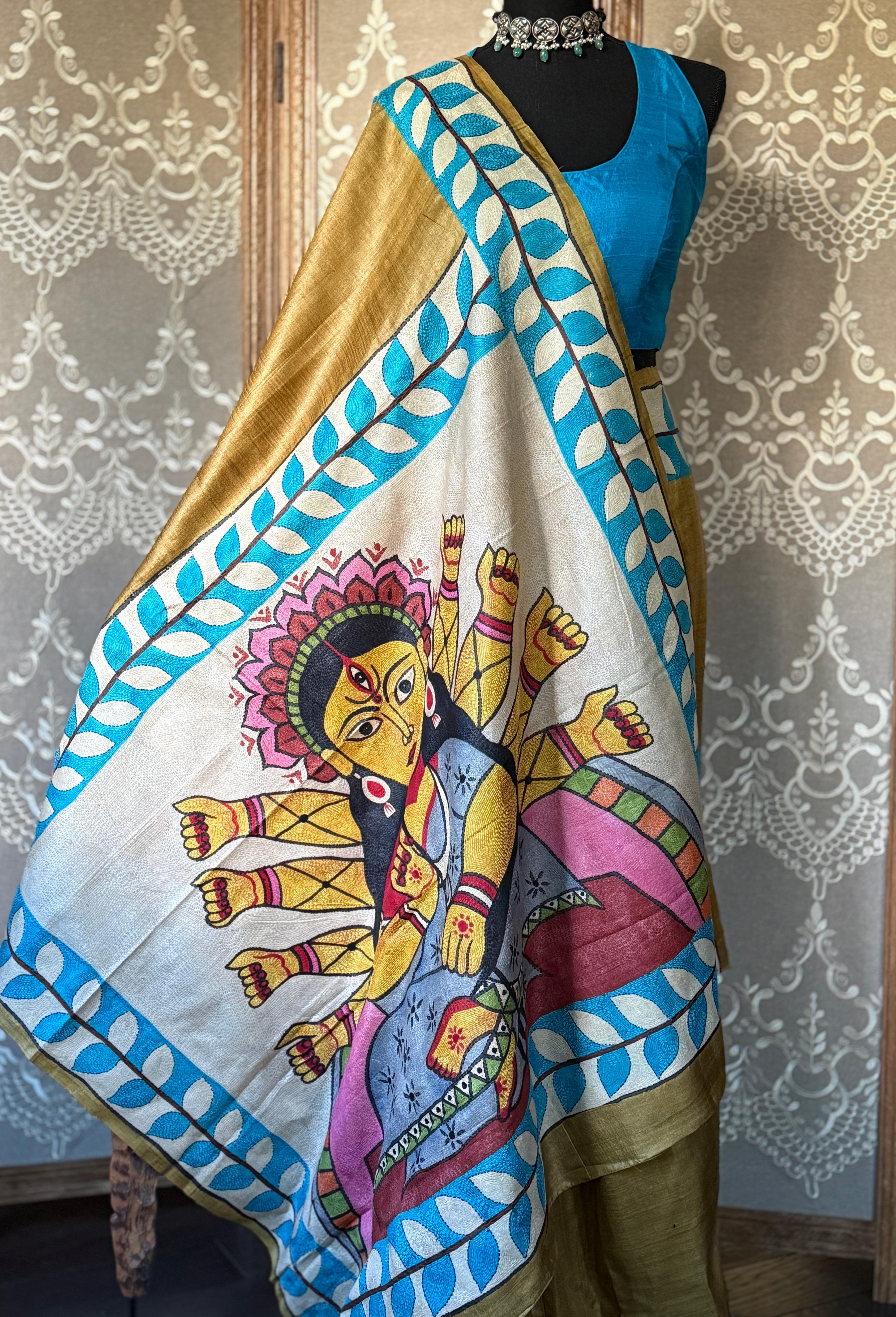 Pure Tussar Silk Sujni Kantha Stitch -  Moss Brown Ma Durga