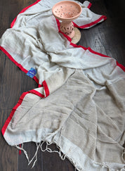 Pure Khadi Cotton Jute Handloom - Off White Red