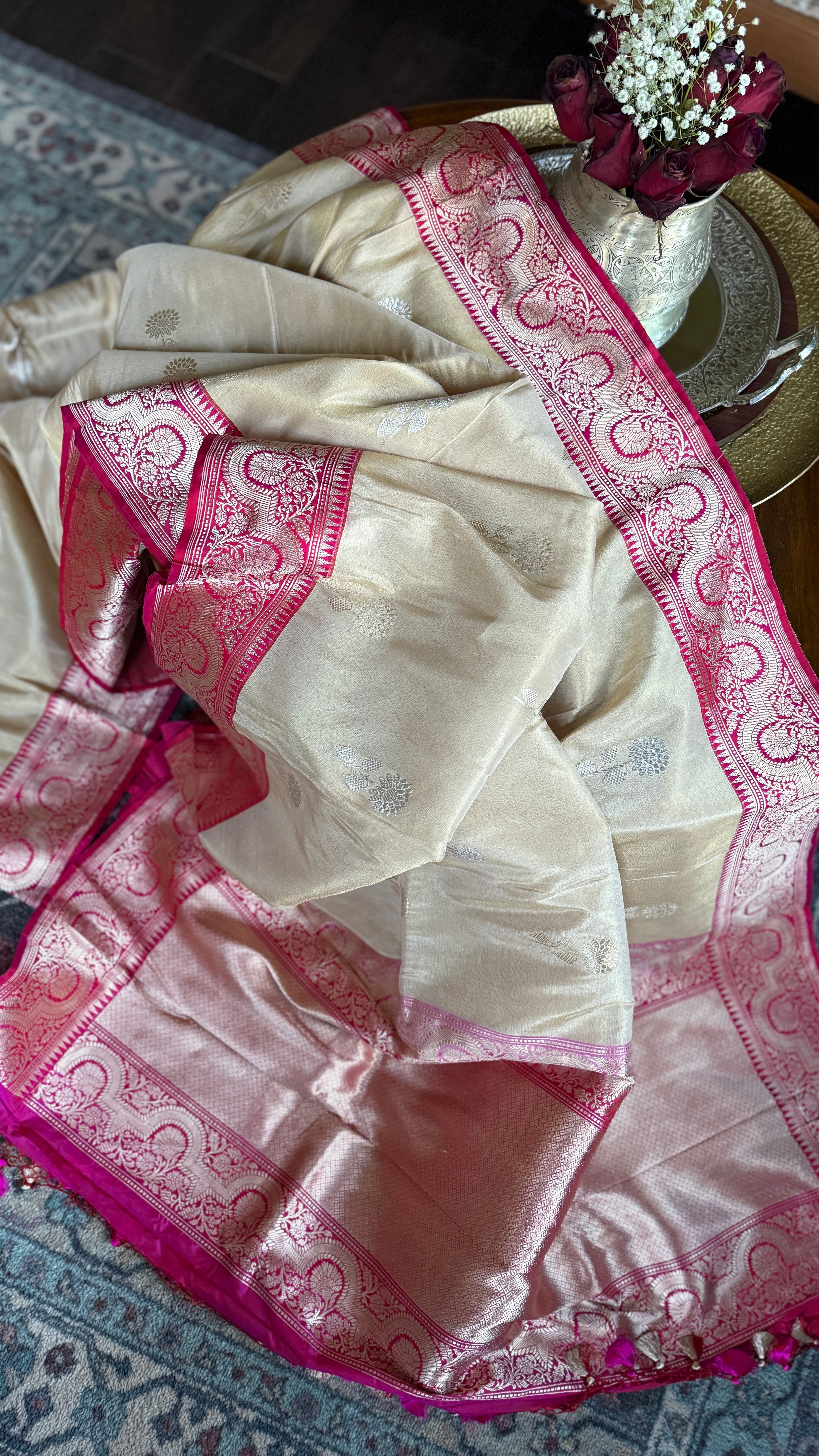 Pure Tissue Katan Silk Banarasi - Golden Beige Magenta