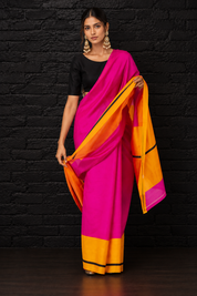 Pure Chanderi Pattu Silk - Hot Pink Yellow