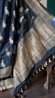 Pure Katan Silk Banarasi - Black Zari Paiesley