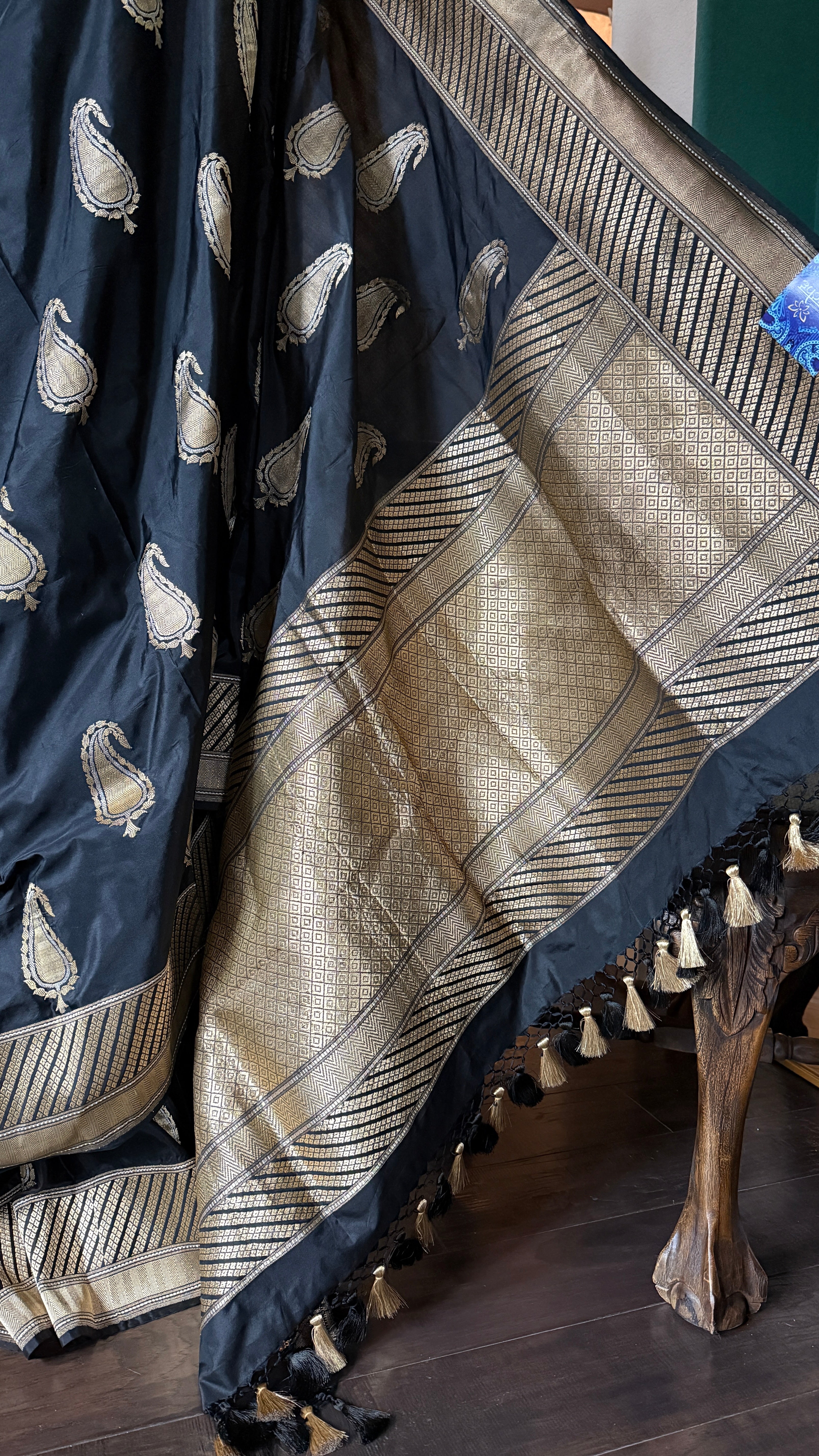 Pure Katan Silk Banarasi - Black Zari Paiesley