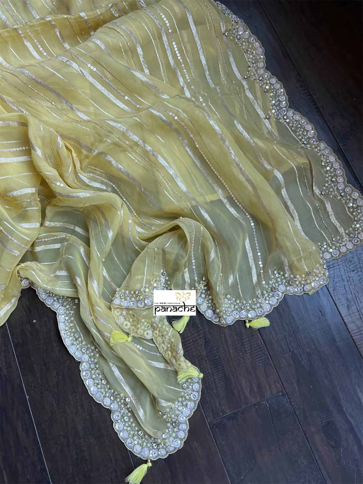 Designer Georgette Organza Hand Embroidered - Light Yellow