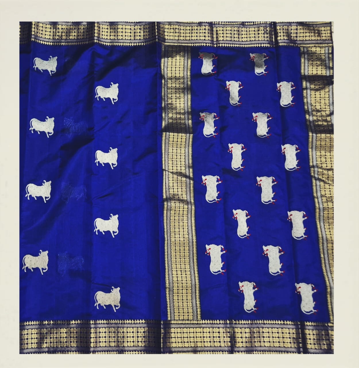 Pure Chanderi Pattu Silk - Blue Nandi Eknaliya
