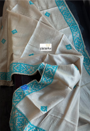 Tussar Silk Hand Embroidered - Tan Beige Firozi Blue