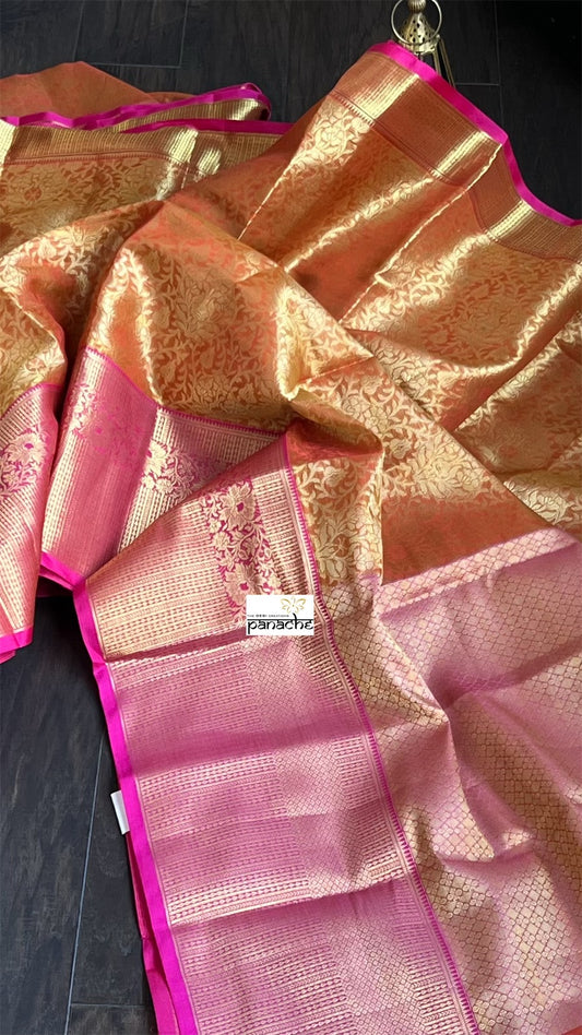 Soft Silk Banaras Saree - Orange Pink Tanchoi