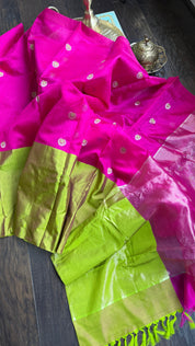 Pure Chanderi Pattu Silk mushru - Pink Lime Green