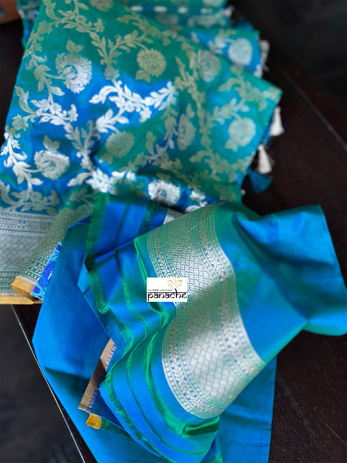 Pure Silk Katan Banarasi- Peacock Blue Dual shaded