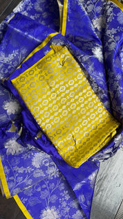 Pure Silk Katan Tissue Jaal Banarasi- Purple Blue Yellow