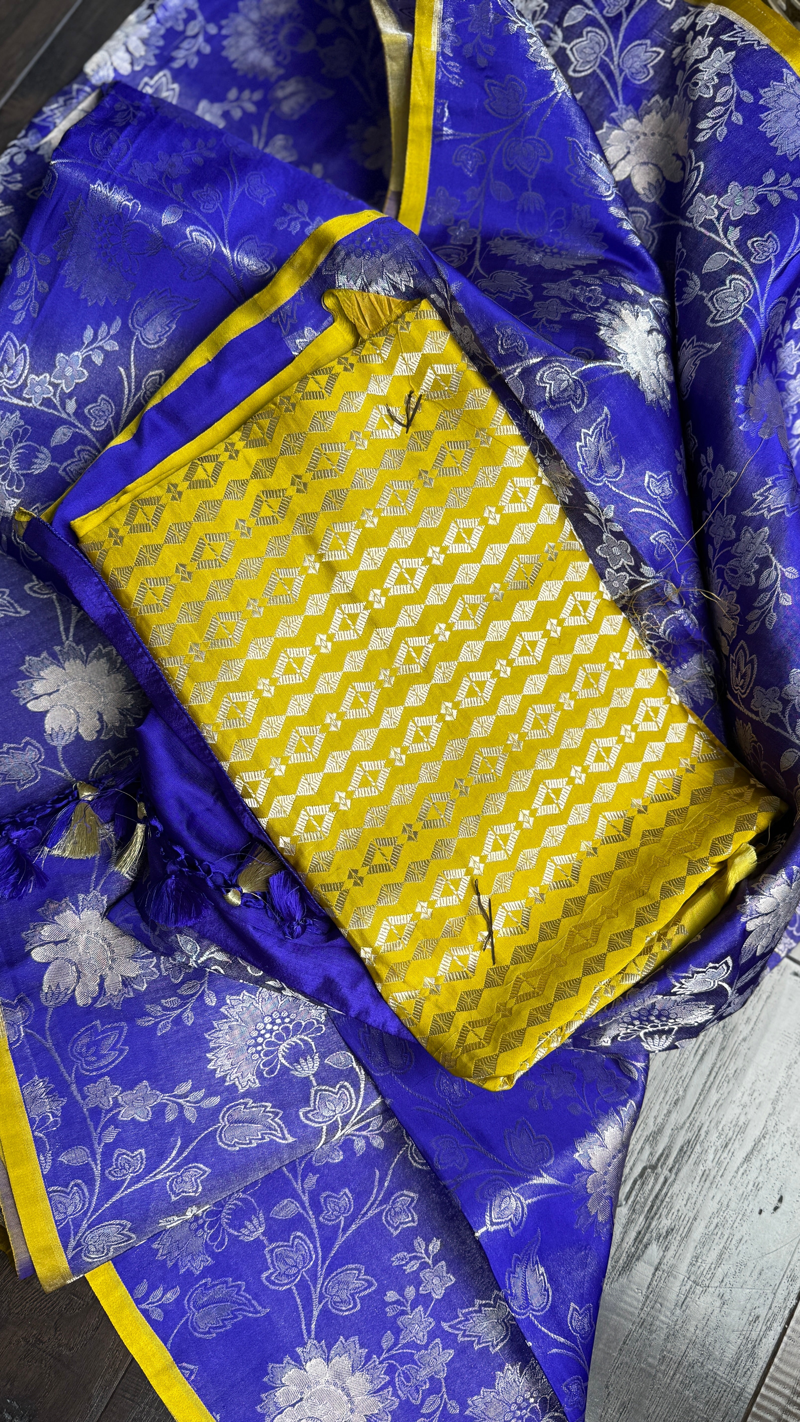 Pure Silk Katan Tissue Jaal Banarasi- Purple Blue Yellow