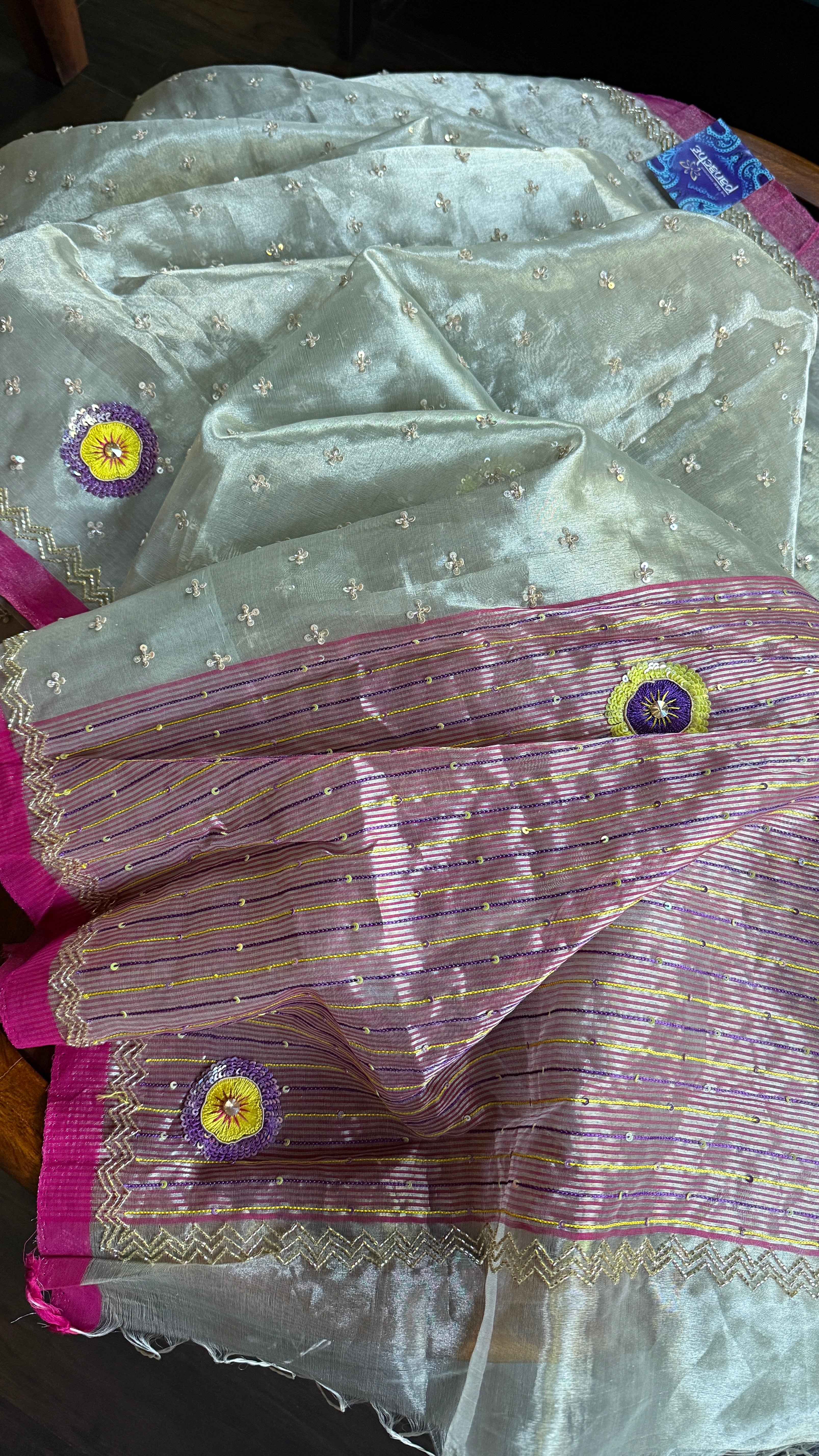 Hand Zardozi Pure Chanderi Tissue Silk - Silver Pink Woven
