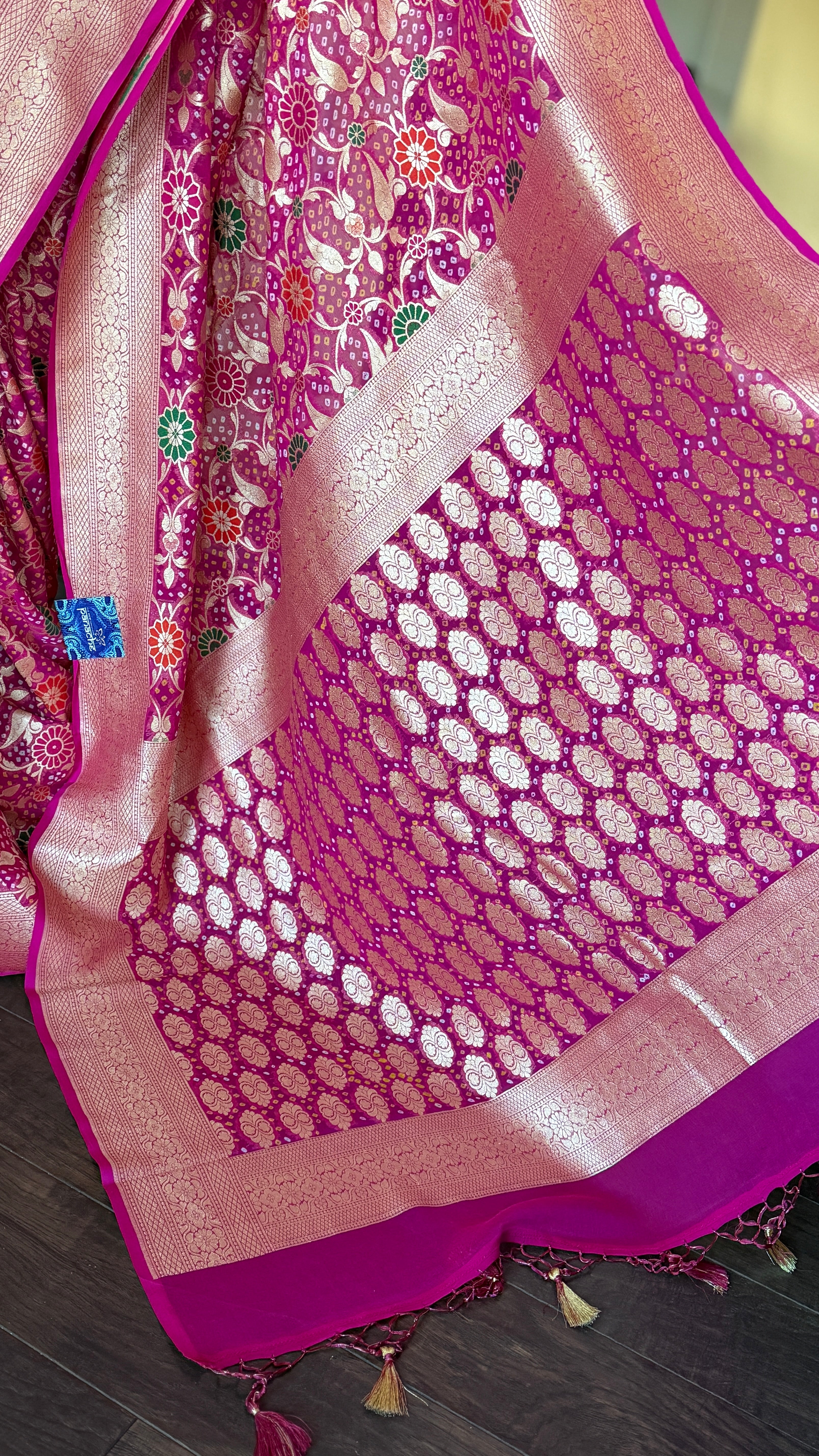Bandhej Khaddi Georgette Banarasi - Magenta Pink