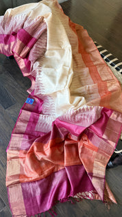 Pure Tussar Silk Hand Block Printed - Beige Rust Wine