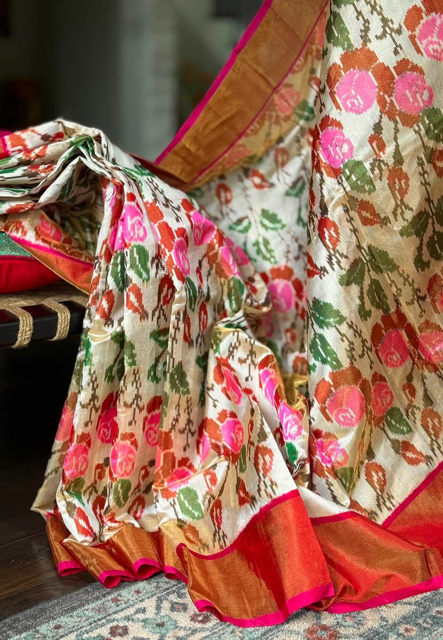 Pure Silk Tissue Ikat - Golden Cream Rust Pink