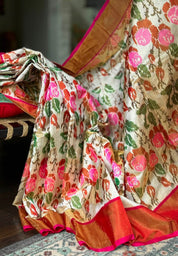 Pure Silk Tissue Ikat - Golden Cream Rust Pink