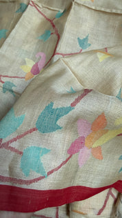 Pure Tussar Silk Tantuj Needle Jamdaani- Beige Red Jangla Weave