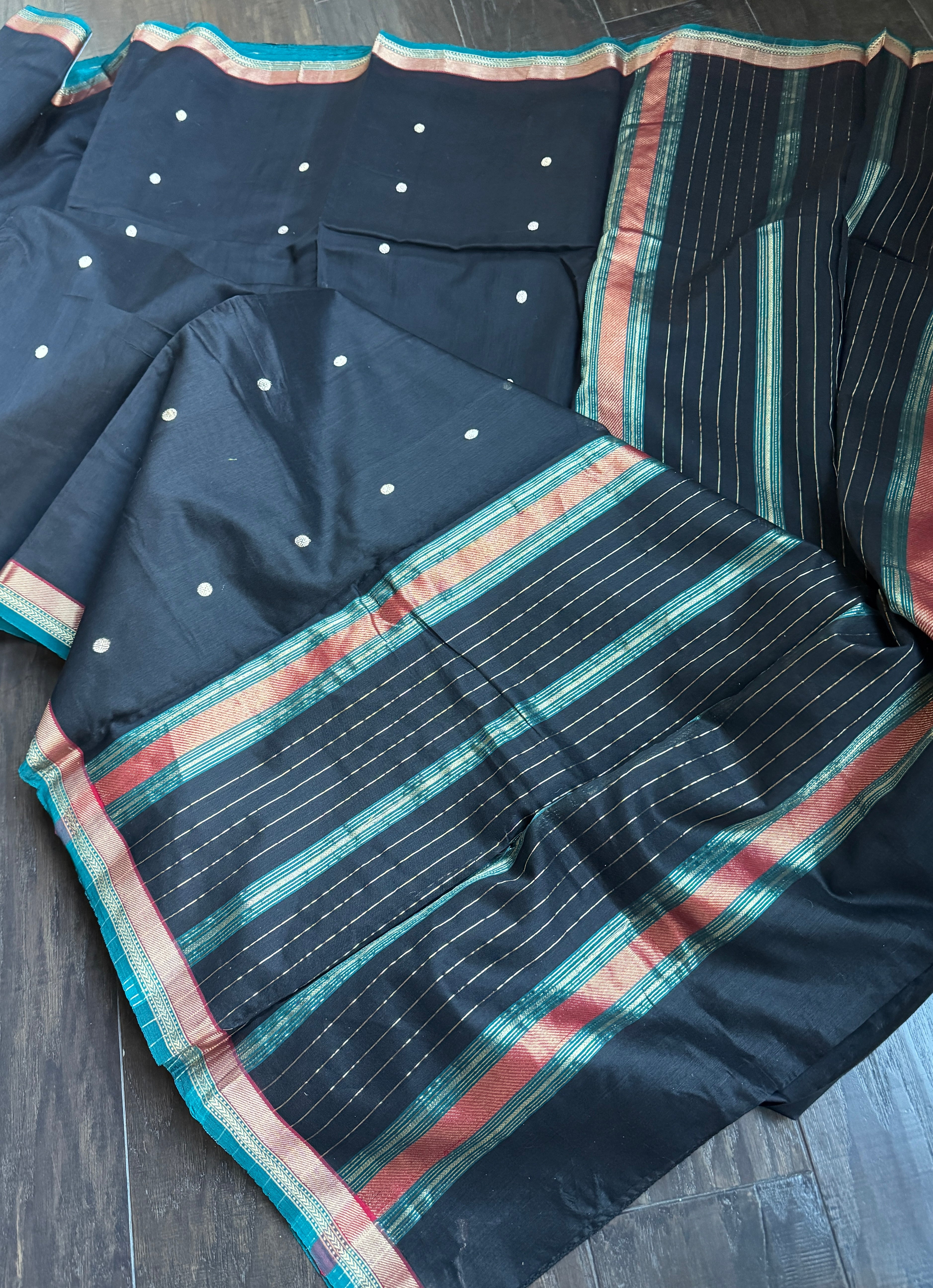 Chanderi Silk Cotton - Black Firozi Eknaliya Woven