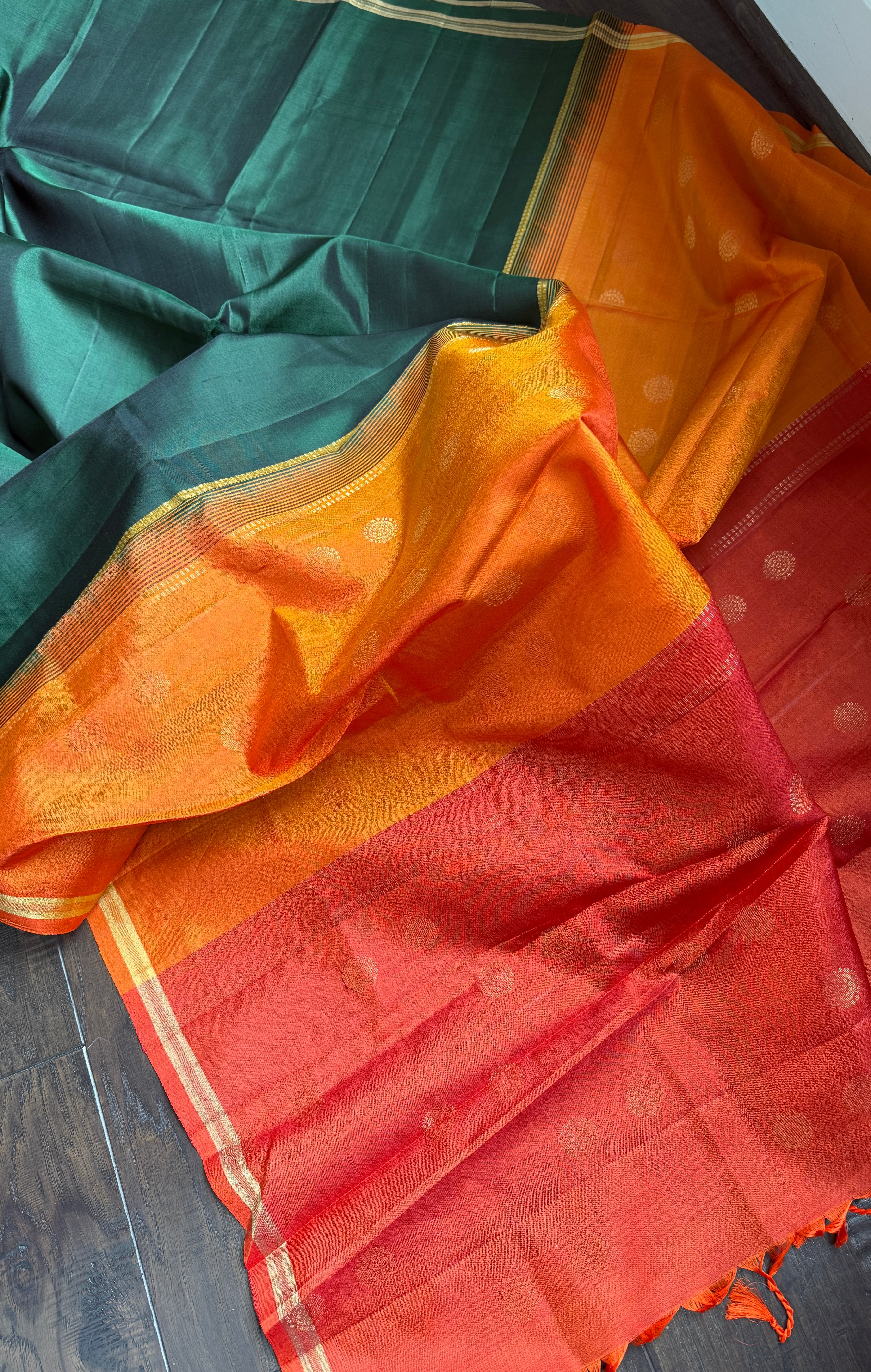 Pure Silk Kanjivaram - Green Orange