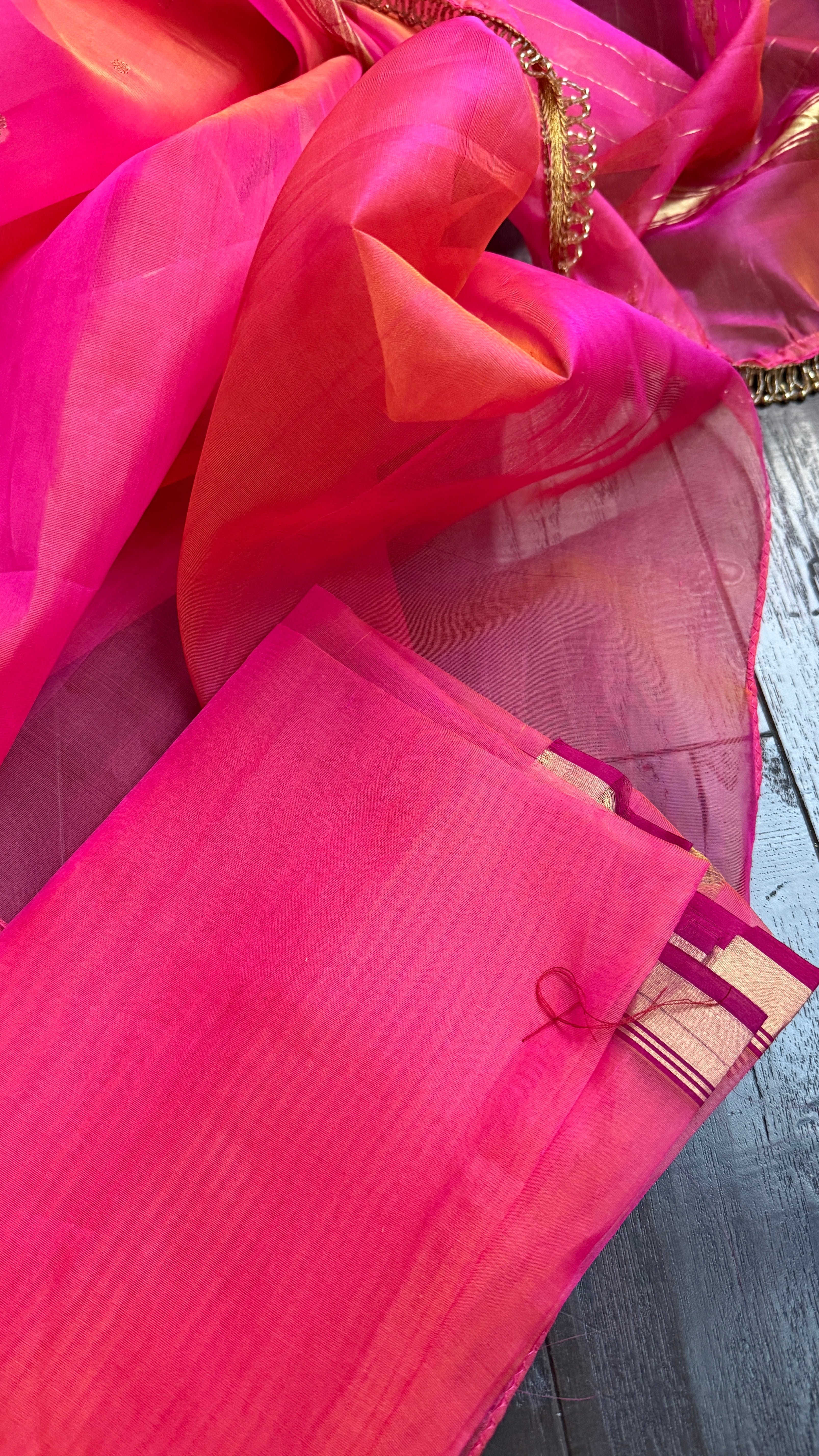Pure Chanderi Organza Silk - Pink Orange Dual shaded