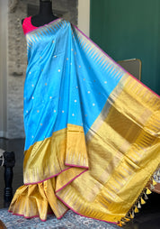 Pure Silk Katan Banarasi - Blue Yellow Kadwa