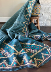 Pure Tussar Silk Gujrati Stitch -  Teal Blue Hand Embroidered