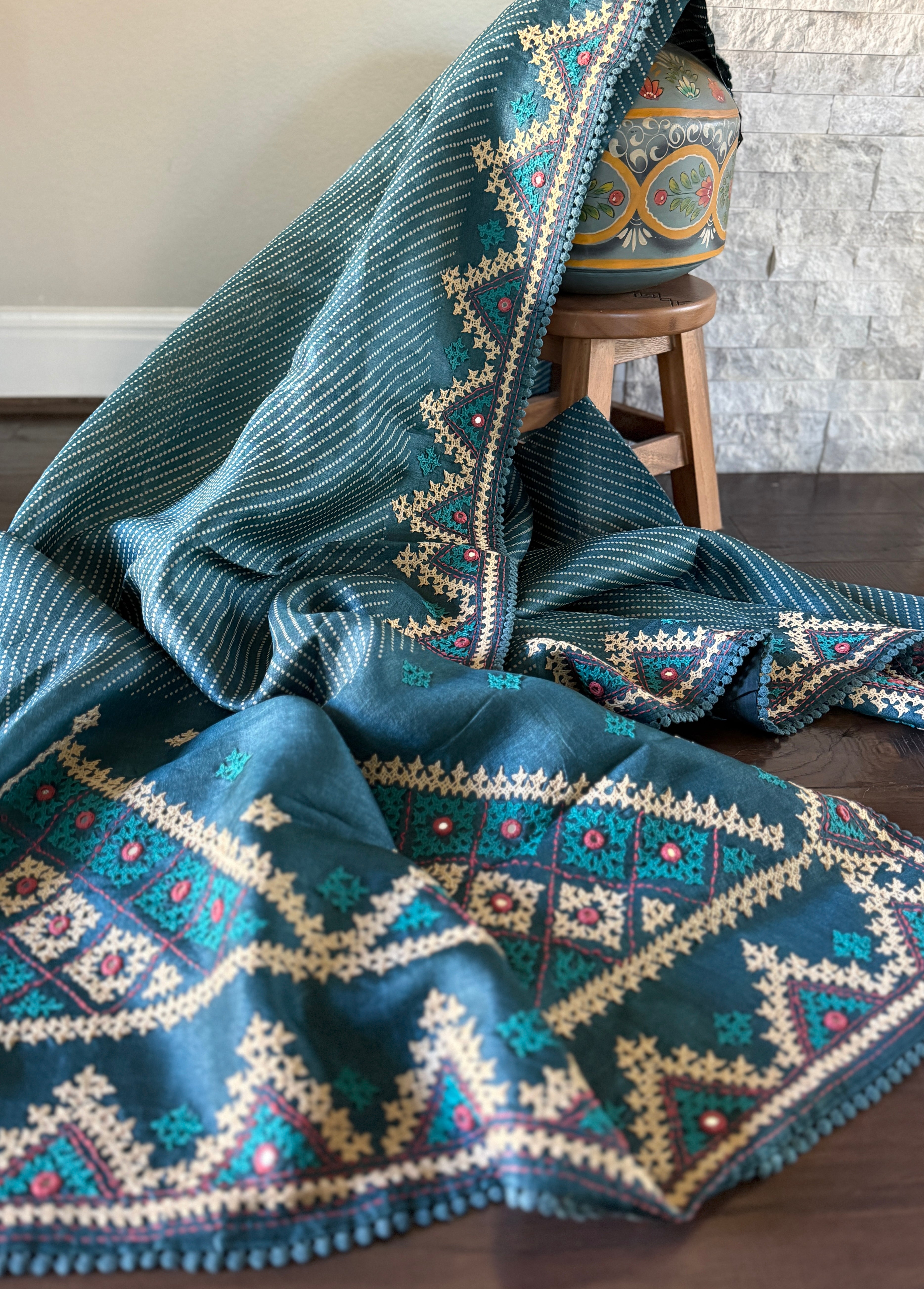 Pure Tussar Silk Gujrati Stitch -  Teal Blue Hand Embroidered