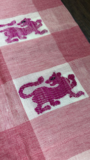 Exclusive Pure Khadi Cotton Checks - Red White Pink Lion Motif Woven