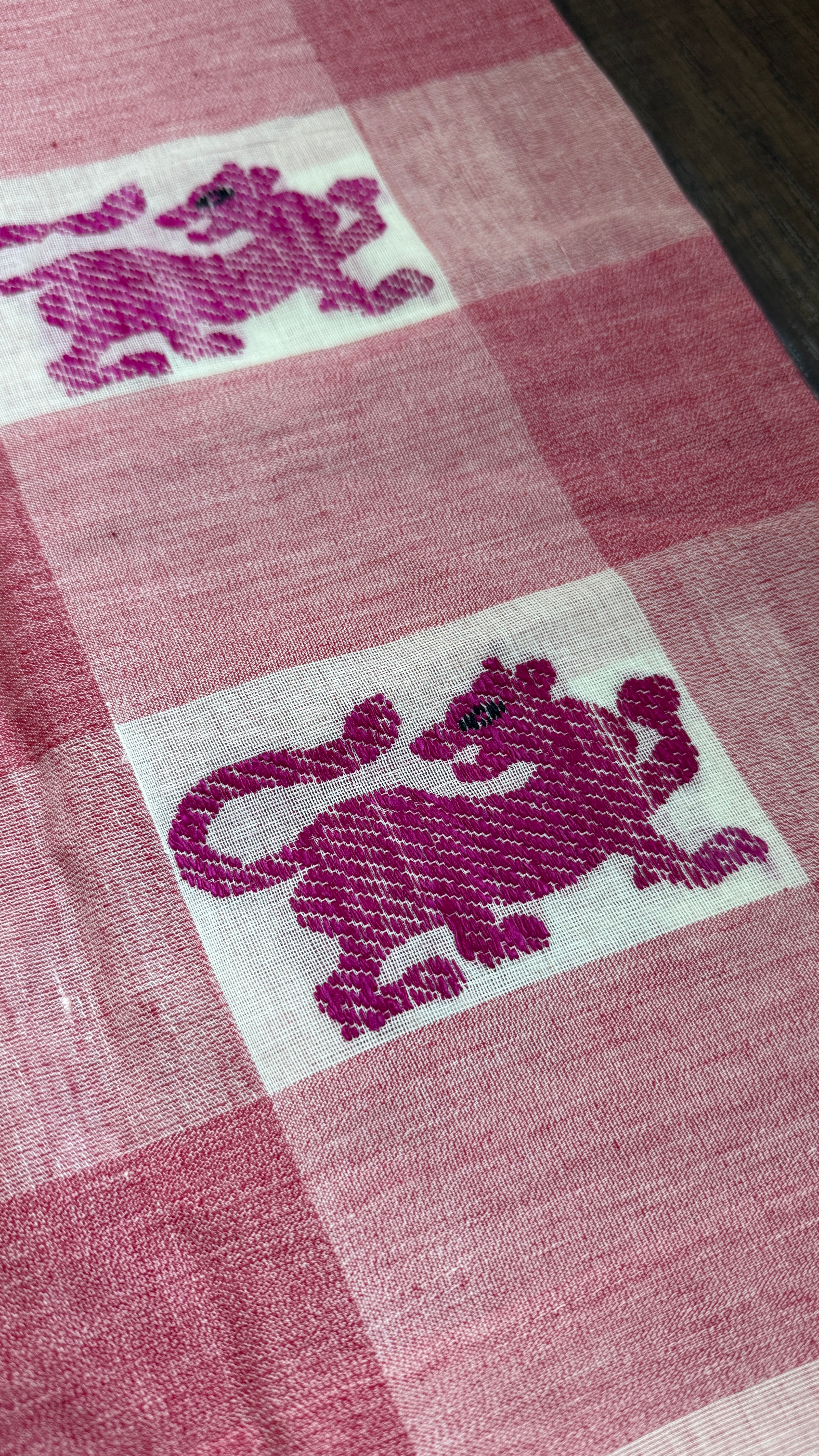 Exclusive Pure Khadi Cotton Checks - Red White Pink Lion Motif Woven