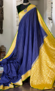 Tussar Georgette Banarasi- Navy Blue Ochre Yellow