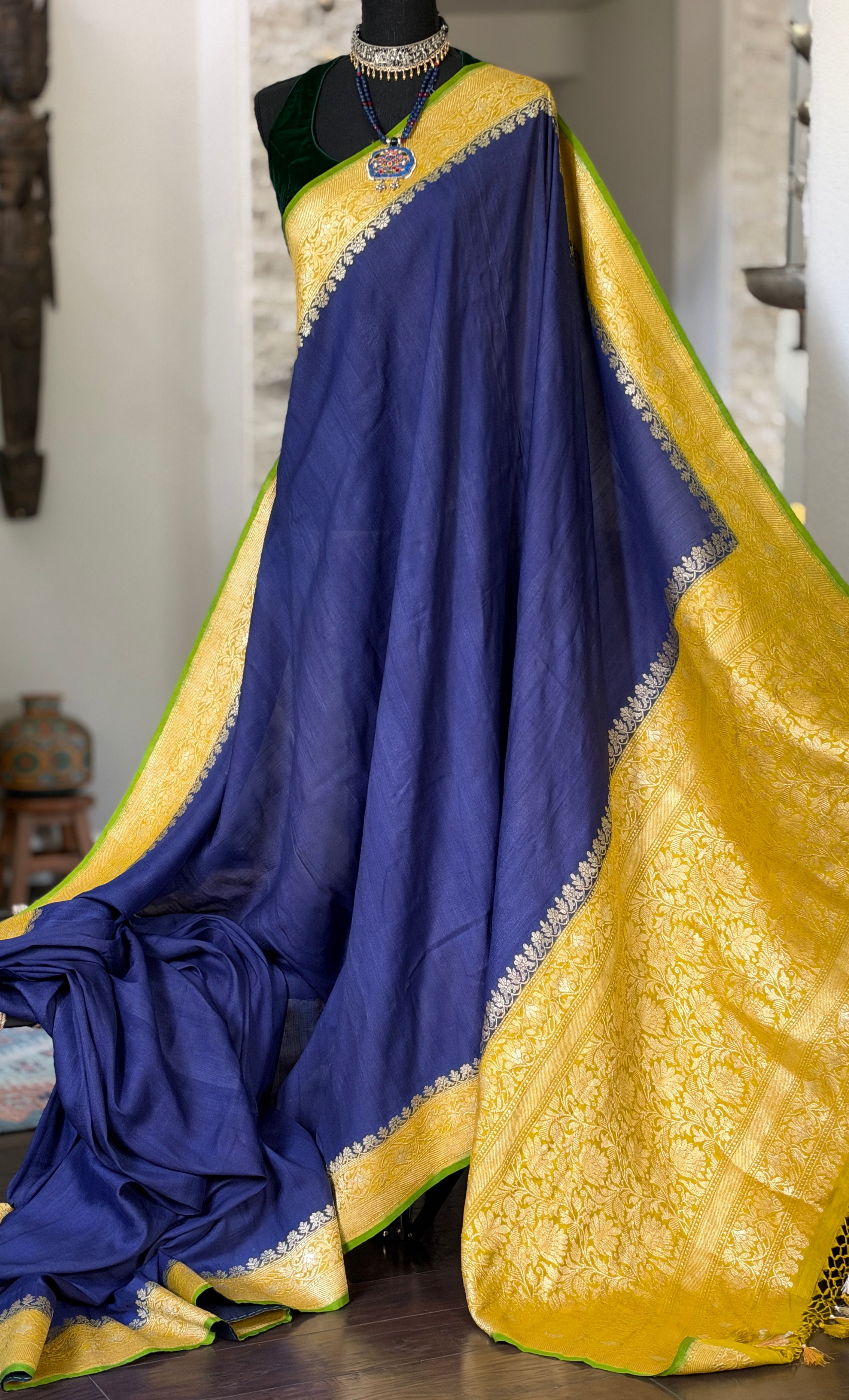 Tussar Georgette Banarasi- Navy Blue Ochre Yellow