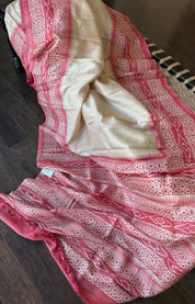 Pure Tussar Silk Hand Block Printed - Beige Red