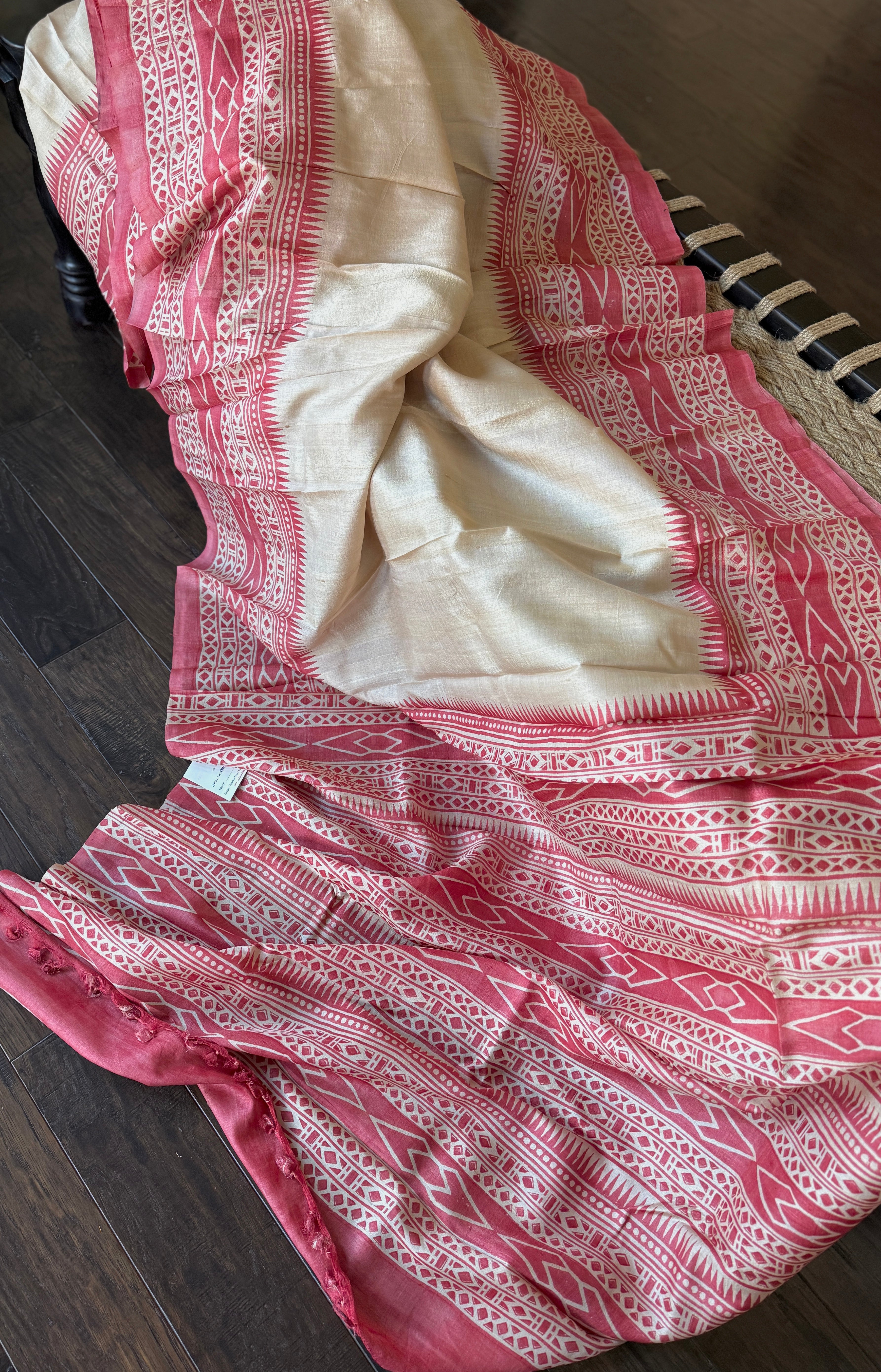 Pure Tussar Silk Hand Block Printed - Beige Red