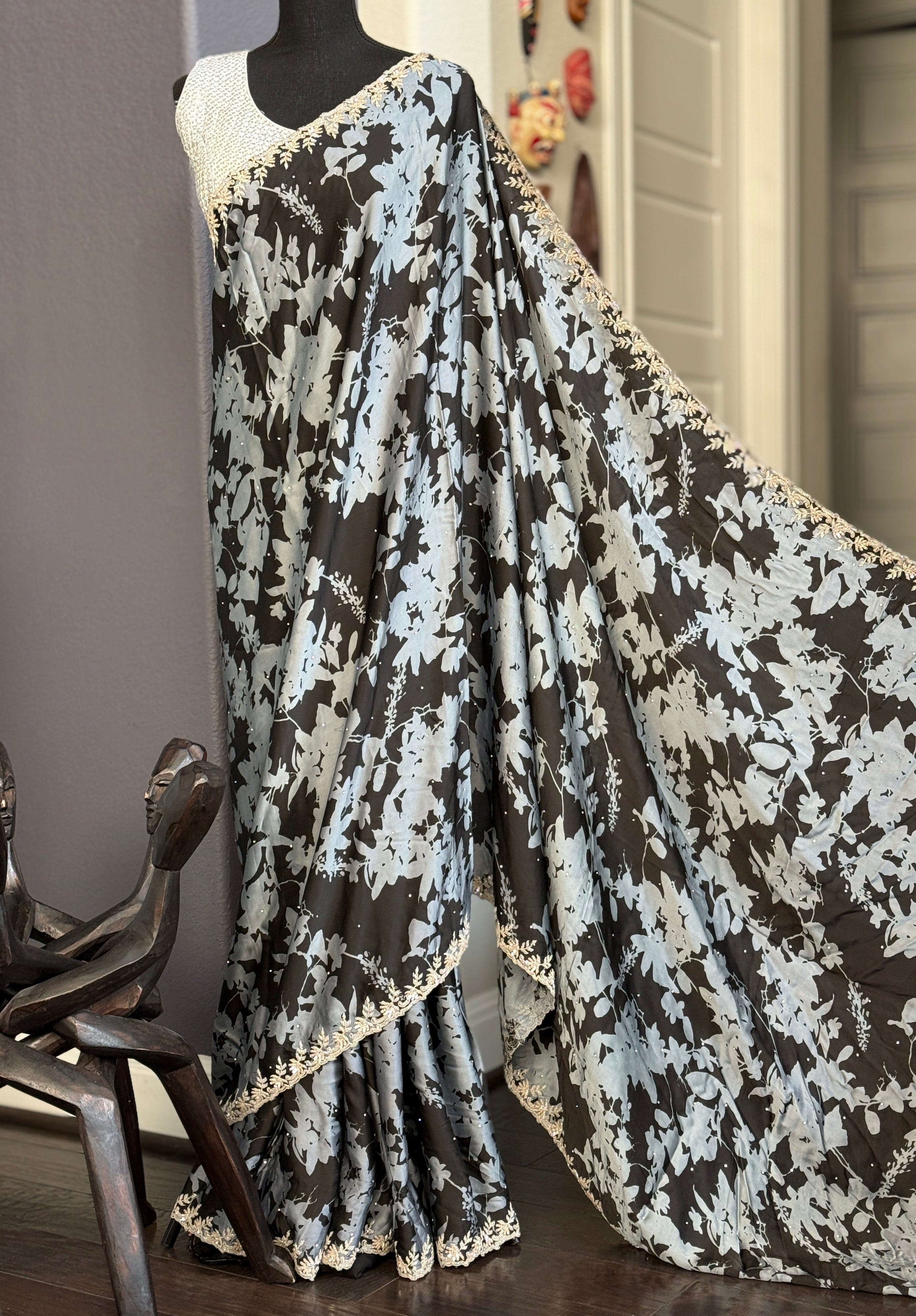 Designer Crepe Satin - Black Grey